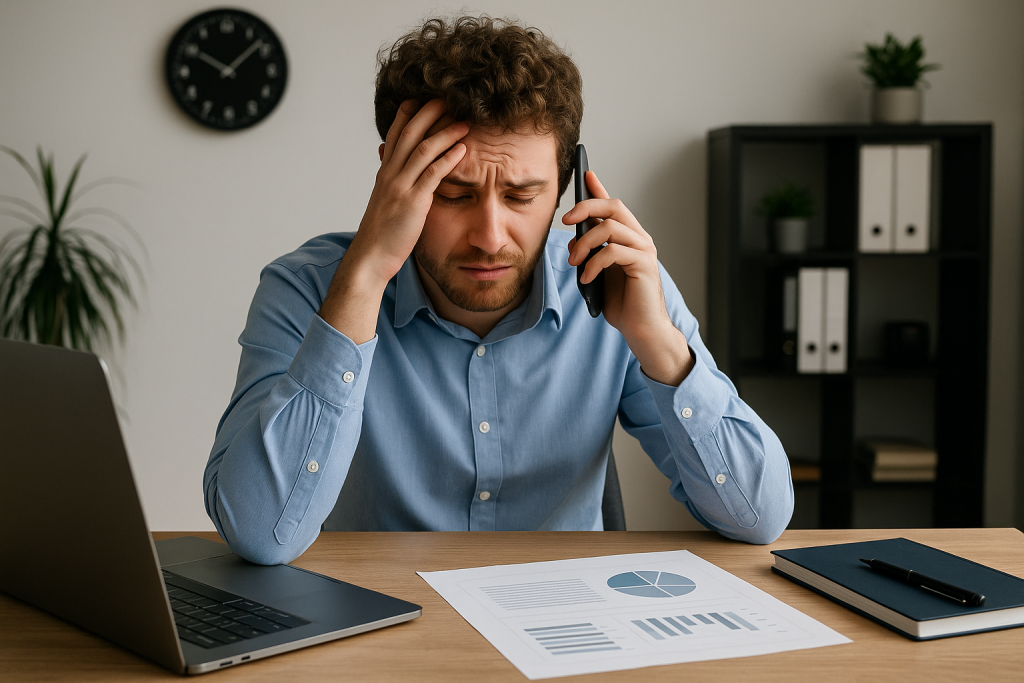 A young man with curly brown hair and a beard sits at a desk in an office, looking frustrated while holding a phone to his ear and resting his head in his hand.